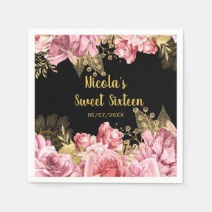 Serviette En Papier Élégantes Fleurs Roses et Dorées Sweet Sixteen