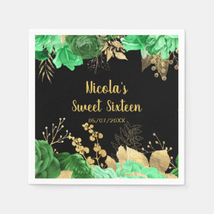 Serviette En Papier Élégantes Fleurs Vertes et Dorées Sweet Sixteen