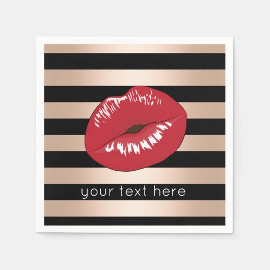 Serviette En Papier élégantes lèvres rouges rose or noir rayures motif (Devant)