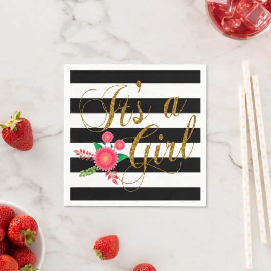 Serviette En Papier Élégantes rayures noires et blanches avec fleurs r (En situation)