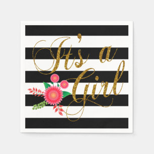 Serviette En Papier Élégantes rayures noires et blanches avec fleurs r