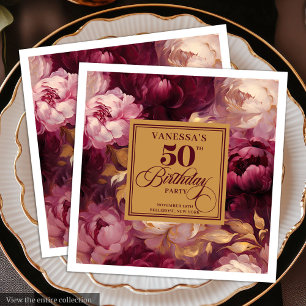 Serviette En Papier Élégantes Roses Bourgogne Doré 50e Anniversaire