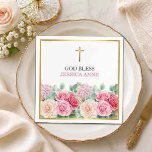 Serviette En Papier Élégantes roses de la croix d'or Floral Baptême