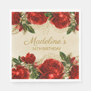 Serviette En Papier Élégantes Roses Rouges Vintage 16e Anniversaire
