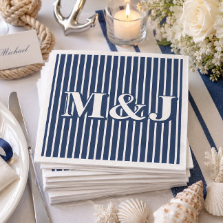 Serviette En Papier ÉLÉGANTS Initiales rayées bleues et blanches sur l