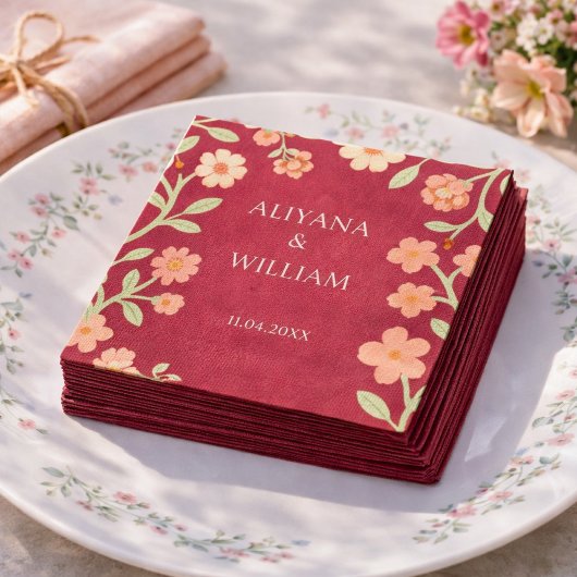 Serviette En Papier Elegent Floral Red Border Minimal 