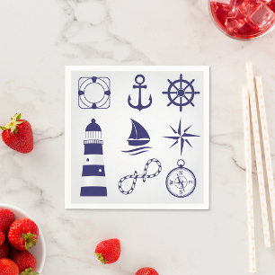 Serviette En Papier Éléments Marins Nautiques Navy Blue Icônes Côtière