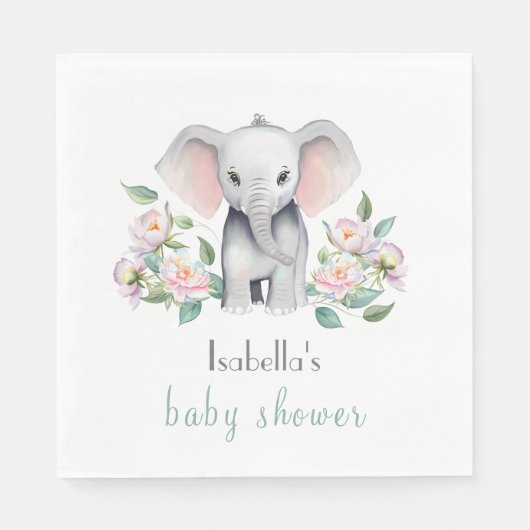Serviette En Papier Eléphant Bébé Avec Des Peonies, Eucalyptus Napkin (Devant)