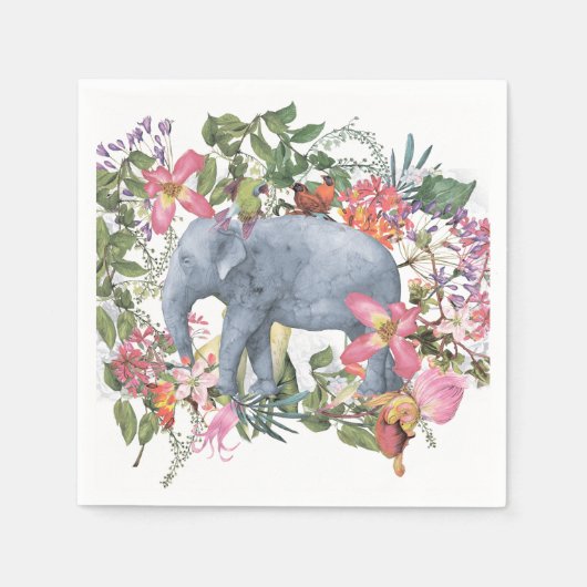 Serviette En Papier Eléphant dans la jungle fleurie (Devant)