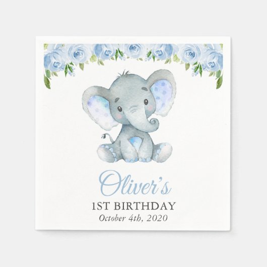 Serviette En Papier Eléphant, Fleurs d'aquarelle bleue, premier annive (Devant)