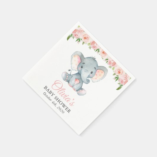 Serviette En Papier Eléphant, Fleurs d'aquarelle rose, Baby shower (Coin)