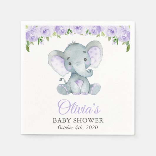 Serviette En Papier Eléphant, Fleurs d'aquarelle violette, Baby shower (Devant)