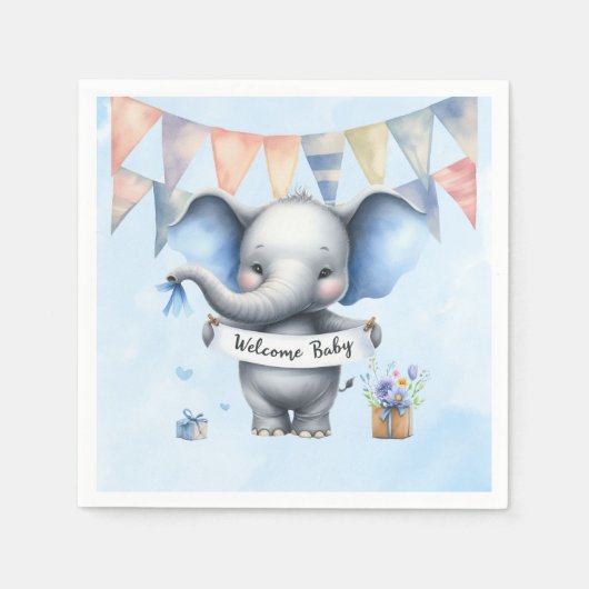 Serviette En Papier Eléphant gris bleu mignonne Bienvenue bébé garçon  (Devant)
