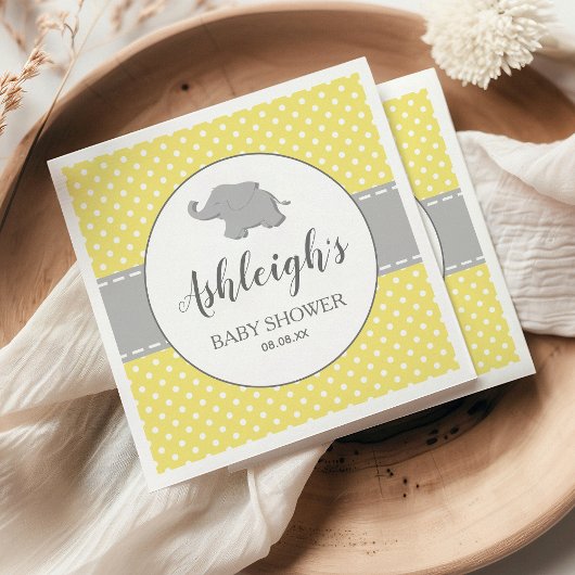 Serviette En Papier Eléphant gris jaune Polka Baby shower