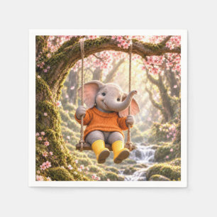 Serviette En Papier Éléphant heureux sur une balançoire d'arbre cerisi