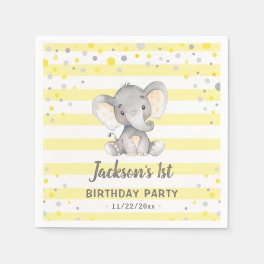 Serviette En Papier Elephant jaune 1er anniversaire Little Peanut Part (Devant)