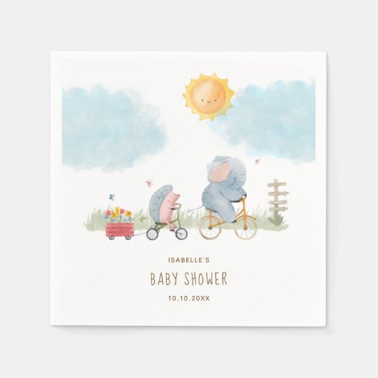 Serviette En Papier Eléphant mignon et Baby shower de hérisson (Devant)