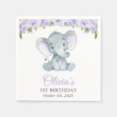 Serviette En Papier Eléphant mignon, Fleurs pourpres, Premier Annivers (Devant)