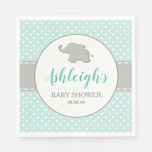 Serviette En Papier Eléphant Mint vert Polka Baby shower point (Devant)