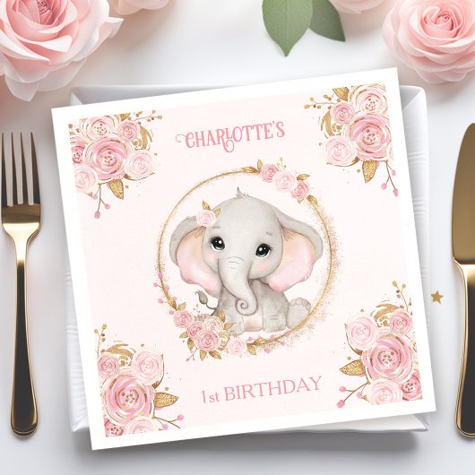 Serviette En Papier Eléphant Rose Rose Floral 1er Anniversaire Napkins
