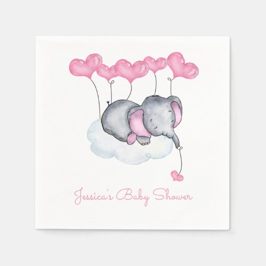 Serviette En Papier Eléphant sur nuage rose ballons Baby shower fille (Devant)