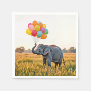Serviette En Papier Elephant tenant un bouquet de ballon d'anniversair