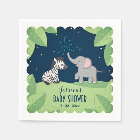 Serviette En Papier Eléphant & Zebra Safari Baby shower serviettes (Devant)