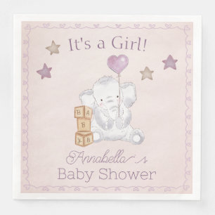 Serviette En Papier Éléphanteau fille rose et aquarelle de ballon