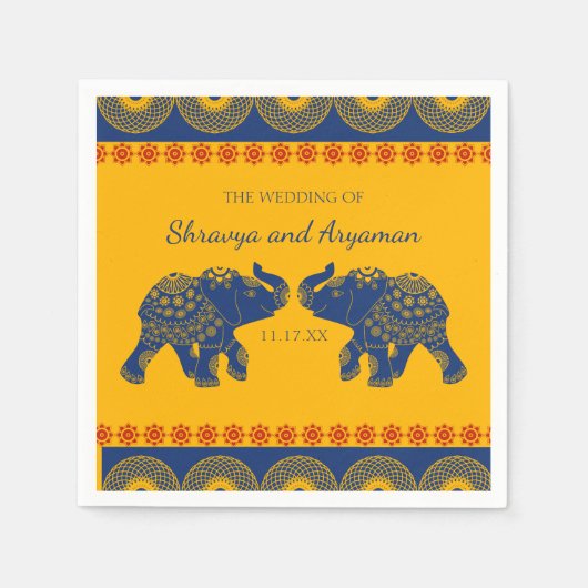 Serviette En Papier Eléphants à thème indiens en Mariage bleu royal (Devant)