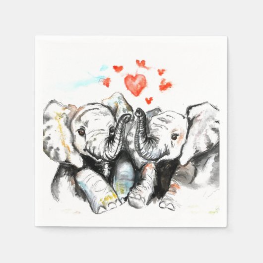 Serviette En Papier Eléphants Couple Love Napkins Peinture (Devant)