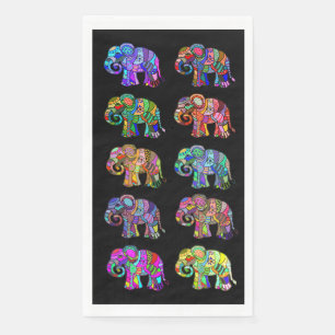 Serviette En Papier Éléphants Ethniques Colorés Élégants sur Fond Noir
