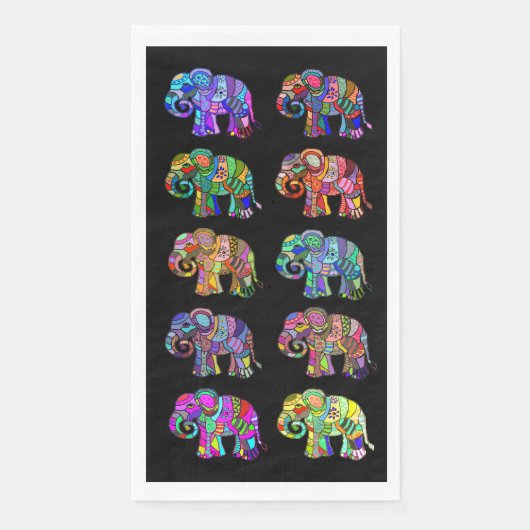 Serviette En Papier Éléphants Ethniques Colorés Élégants sur Fond Noir (Devant)