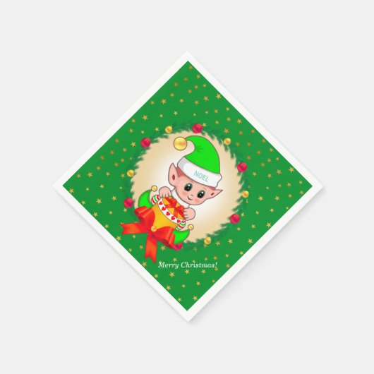 Serviette En Papier elfe de Noël, couronne de pin & étoiles en vert (Coin)