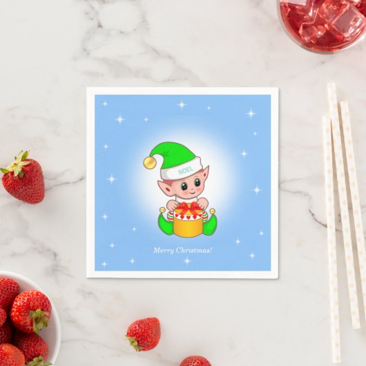 Serviette En Papier elfe de Noël & étoiles sur bleu clair (En situation)