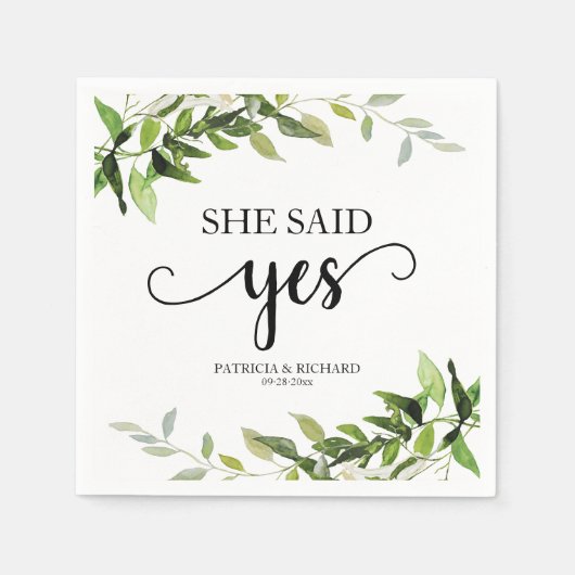 Serviette En Papier Elle A Dit Oui Fiançailles Gold Greenery (Devant)
