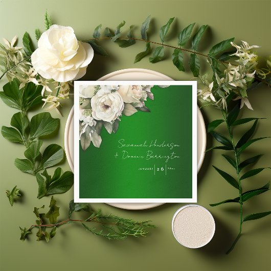 Serviette En Papier Emerald Elegance et White Rose Mariage