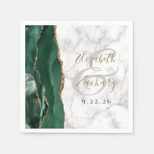Serviette En Papier Emerald Green Agate Marble Mariage de script or (Devant)