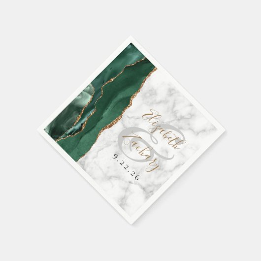 Serviette En Papier Emerald Green Agate Marble Mariage de script or (Coin)