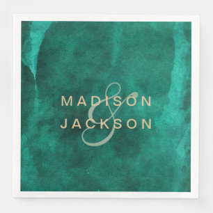 Serviette En Papier Emerald Green Aquarelle & Mariage Or Monogramme