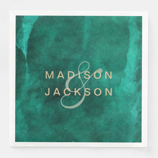 Serviette En Papier Emerald Green Aquarelle & Mariage Or Monogramme (Devant)
