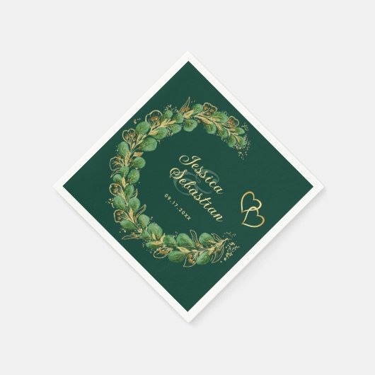 Serviette En Papier Emerald Green et Gold Eucalyptus Mariage élégant (Coin)
