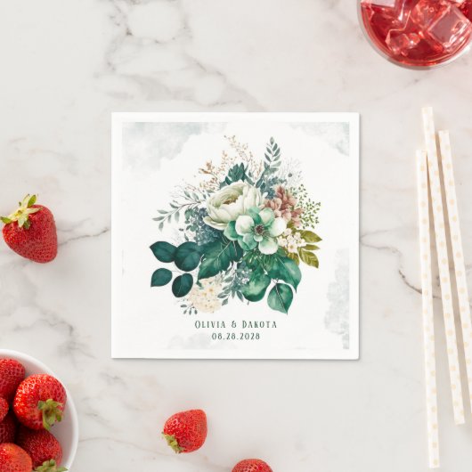 Serviette En Papier Emerald Green et Mariage de fleurs de crème (En situation)