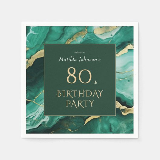 Serviette En Papier Emerald Green Gold Agate 80e fête d'anniversaire (Devant)