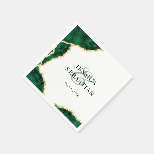 Serviette En Papier Emerald Green Gold Agate Blanc Élégant Mariage (Coin)