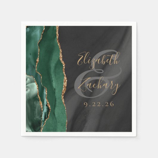 Serviette En Papier Emerald Green Gold Black Agate Script Mariage (Devant)