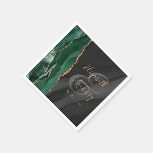 Serviette En Papier Emerald Green Gold Black Agate Script Mariage (Coin)
