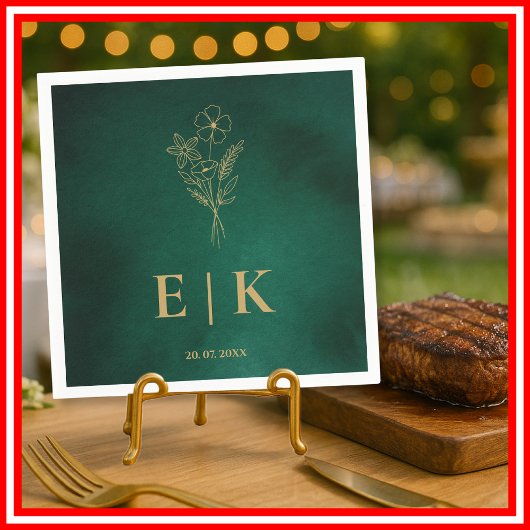 Serviette En Papier Emerald Green & Gold Monogram Wildflower Wedding