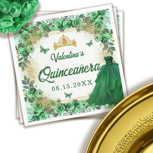 Serviette En Papier Emerald Green Gold Parties scintillant Floral Quin