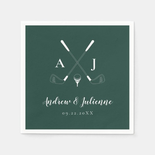 Serviette En Papier Emerald Green Moderne Monogram Mariage de golf (Devant)