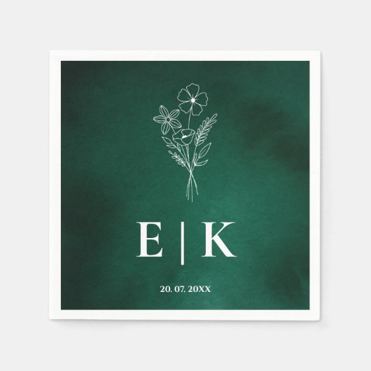 Serviette En Papier Emerald Green Monogram Fleur sauvage Floral Mariag (Devant)